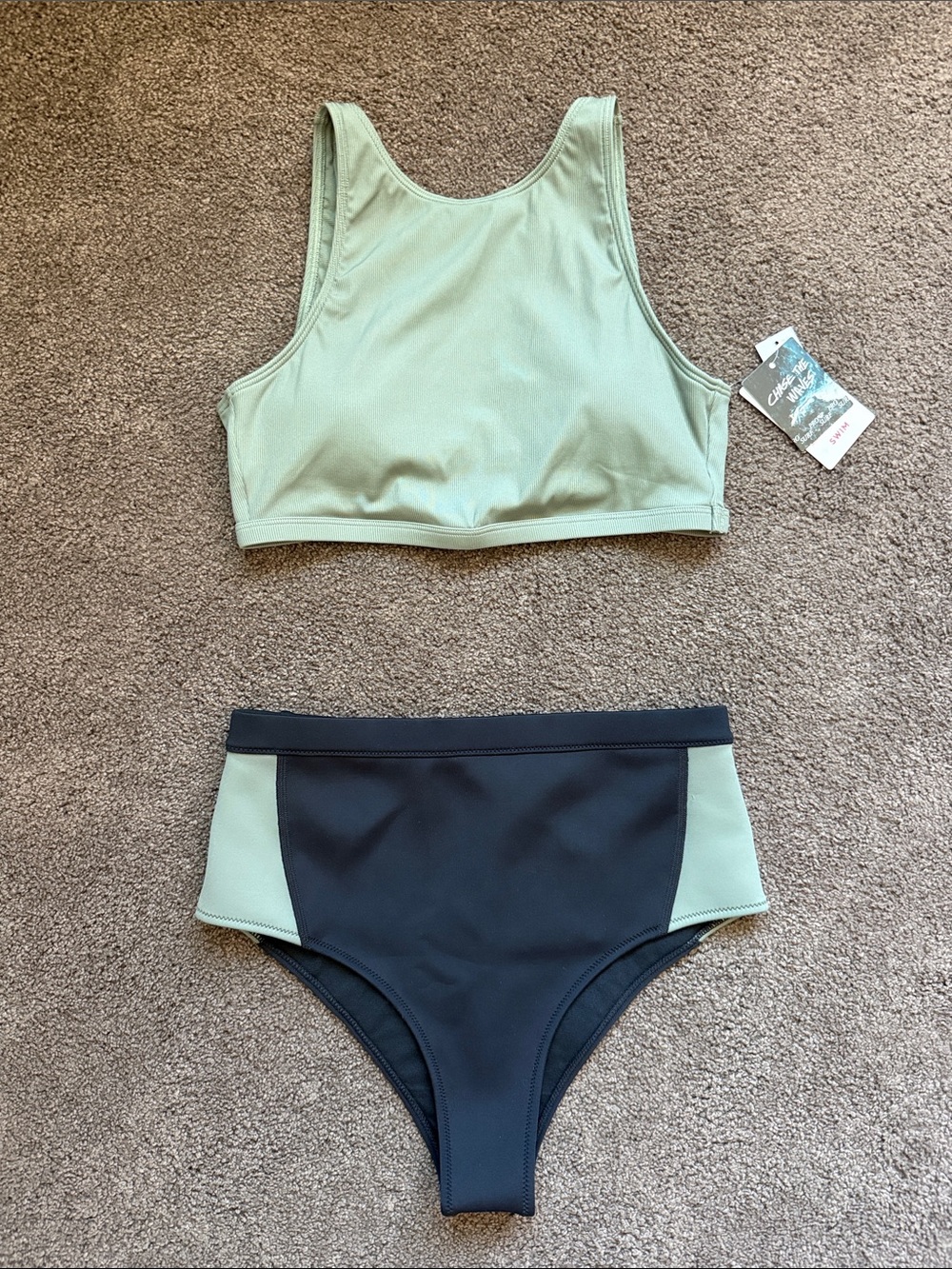 NWT Roxy Pro Sage Green & Black High-Neck Bikini Set